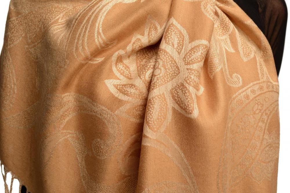 Liss Kiss Large Paisleys On Tawny Brown Pashmina Feel With Tassels - Scarf