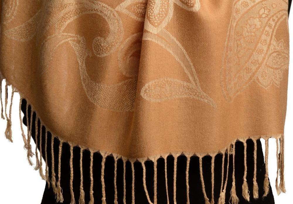 Liss Kiss Large Paisleys On Tawny Brown Pashmina Feel With Tassels - Scarf