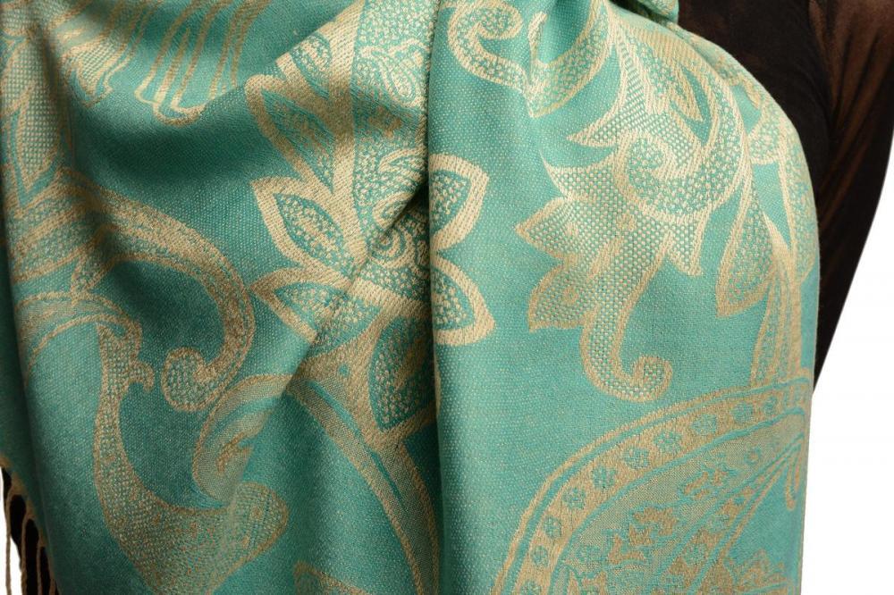 Liss Kiss Large Paisleys On Teal Blue Pashmina Feel With Tassels - Scarf