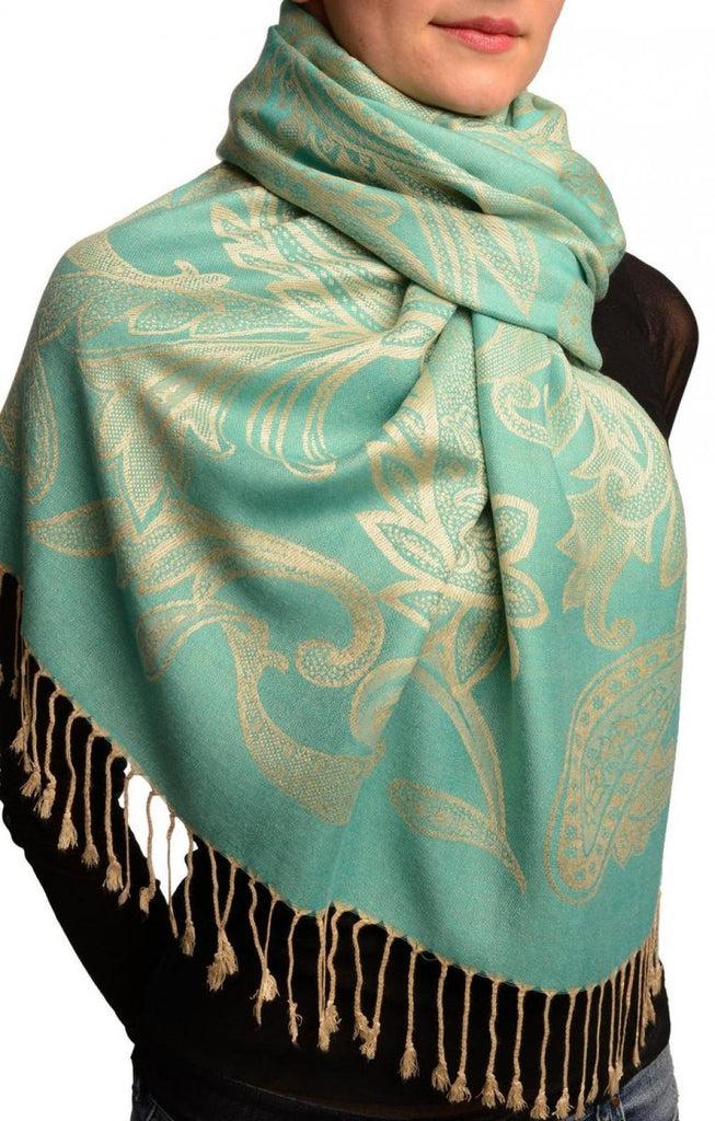 Liss Kiss Large Paisleys On Teal Blue Pashmina Feel With Tassels - Scarf