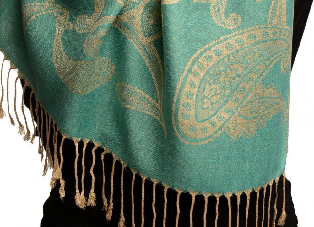 Liss Kiss Large Paisleys On Teal Blue Pashmina Feel With Tassels - Scarf