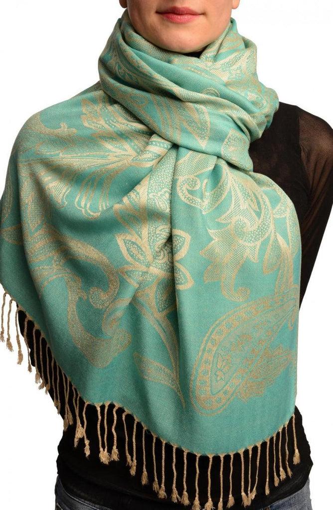 liss kiss Large Paisleys On Teal Blue Pashmina Feel With Tassels - Scarf