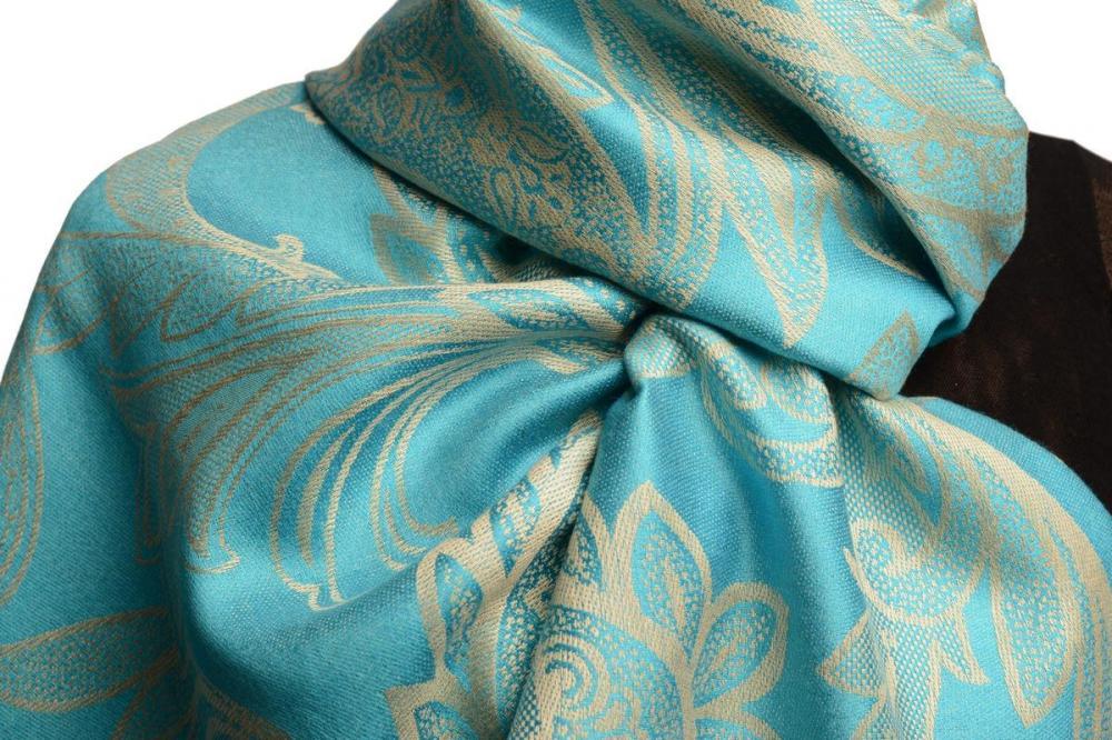 Liss Kiss Large Paisleys On Turquoise Blue Pashmina Feel With Tassels - Scarf