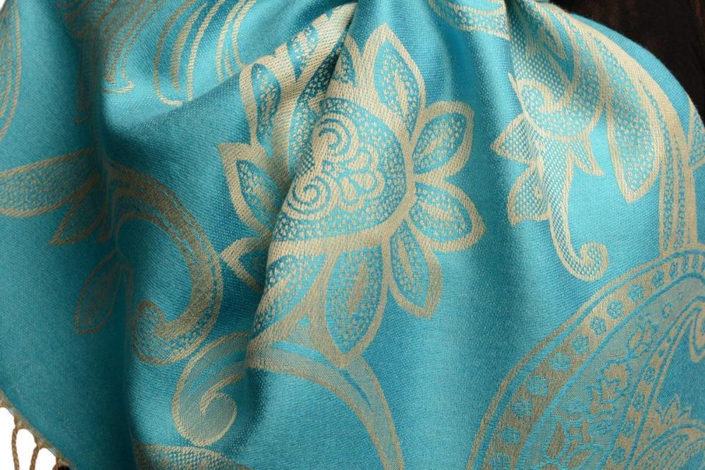 Liss Kiss Large Paisleys On Turquoise Blue Pashmina Feel With Tassels - Scarf
