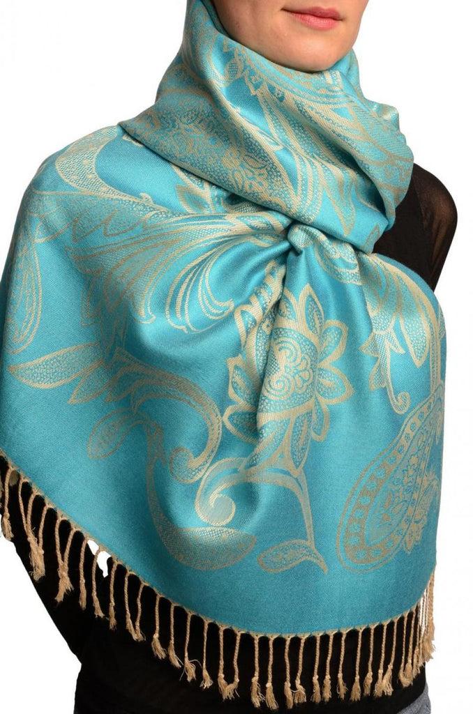 Liss Kiss Large Paisleys On Turquoise Blue Pashmina Feel With Tassels - Scarf
