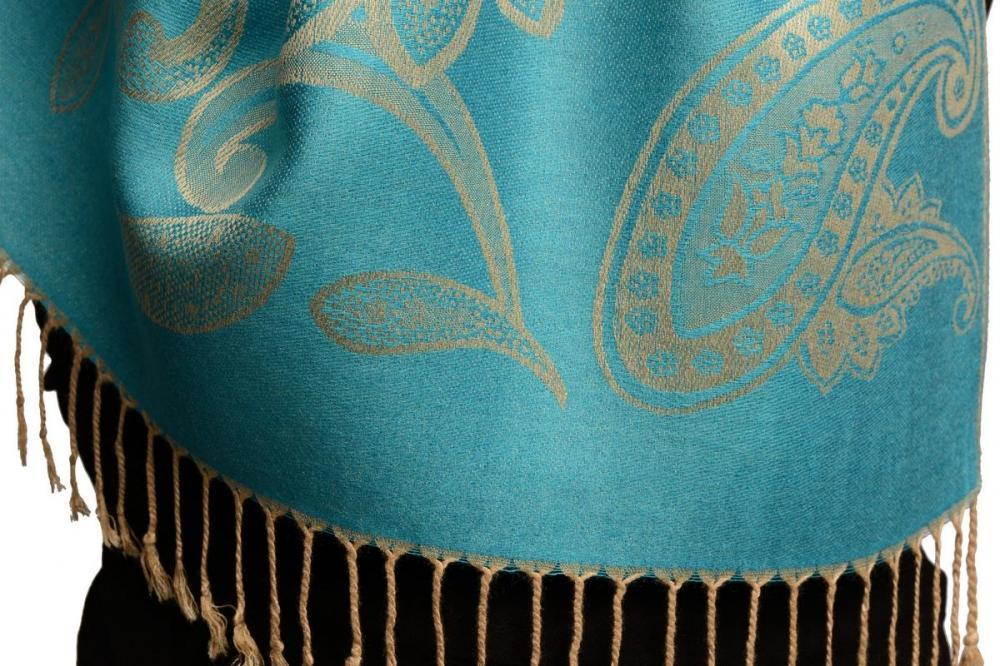 Liss Kiss Large Paisleys On Turquoise Blue Pashmina Feel With Tassels - Scarf