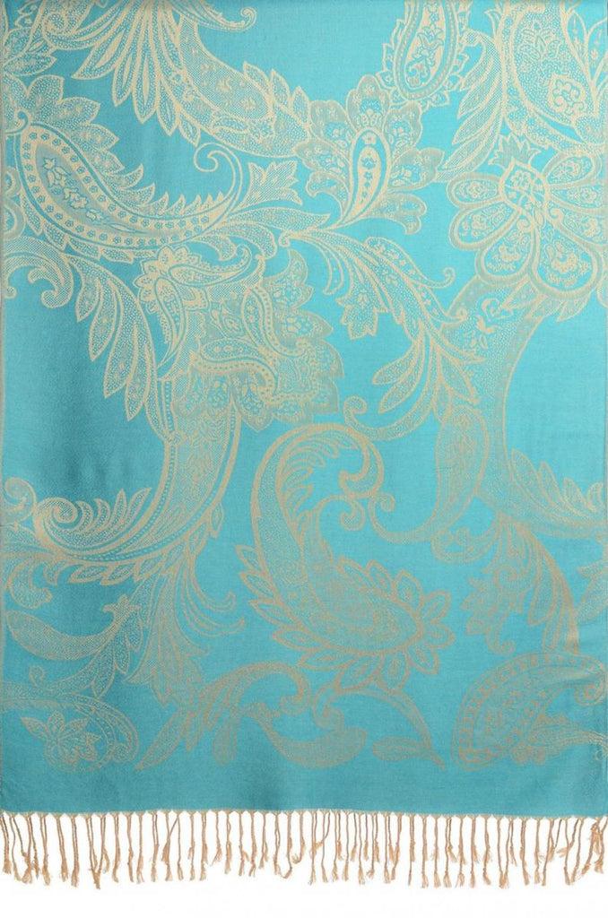 Liss Kiss Large Paisleys On Turquoise Blue Pashmina Feel With Tassels - Scarf