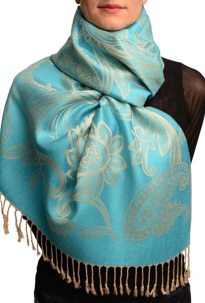 liss kiss Large Paisleys On Turquoise Blue Pashmina Feel With Tassels - Scarf