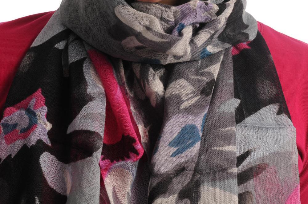 Liss Kiss Large Pink & Grey Flowers With Tassels On Grey - Scarf