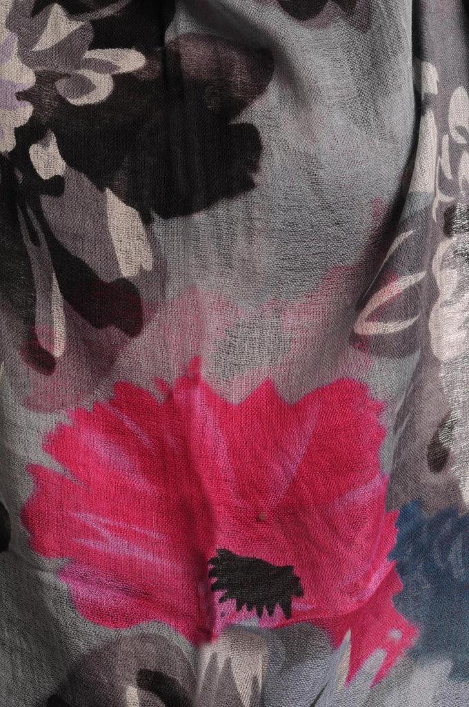 Liss Kiss Large Pink & Grey Flowers With Tassels On Grey - Scarf