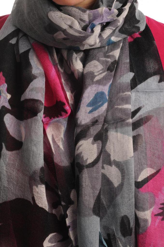Liss Kiss Large Pink & Grey Flowers With Tassels On Grey - Scarf