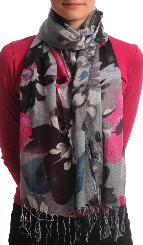 liss kiss Large Pink & Grey Flowers With Tassels On Grey - Scarf