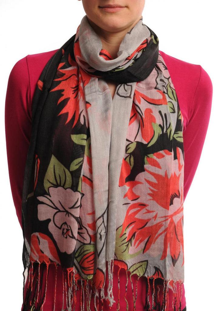 liss kiss Large Pink & Red Roses And Sunflowers On Light Grey With Tassels - Scarf