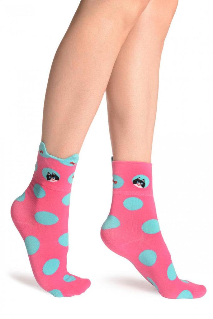 Liss Kiss Large Polka Dot With Flip Bow & Kitty Bright Pink Ankle High Cocks - Socks