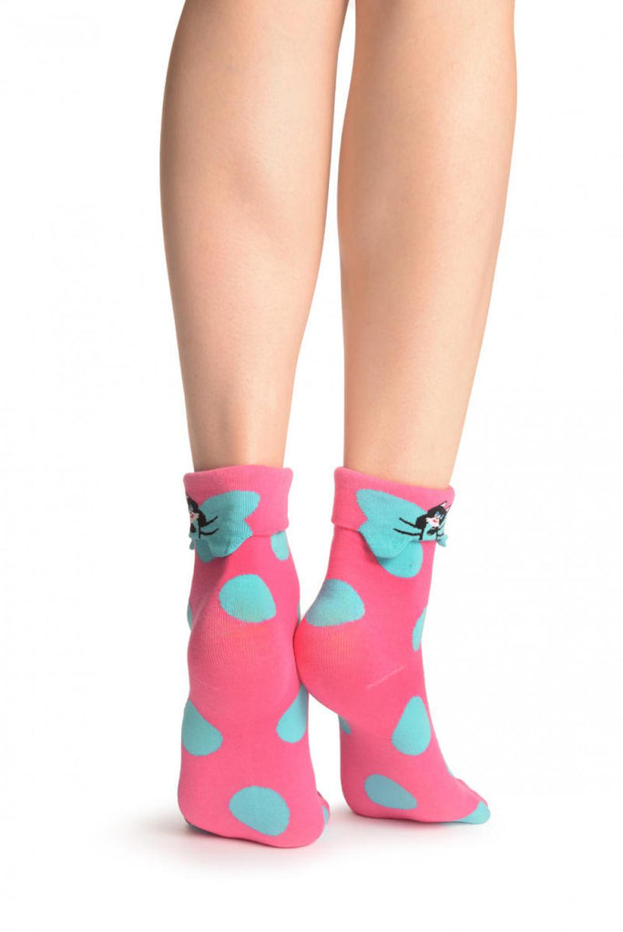 Liss Kiss Large Polka Dot With Flip Bow & Kitty Bright Pink Ankle High Cocks - Socks