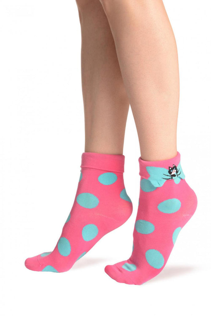 Liss Kiss Large Polka Dot With Flip Bow & Kitty Bright Pink Ankle High Cocks - Socks