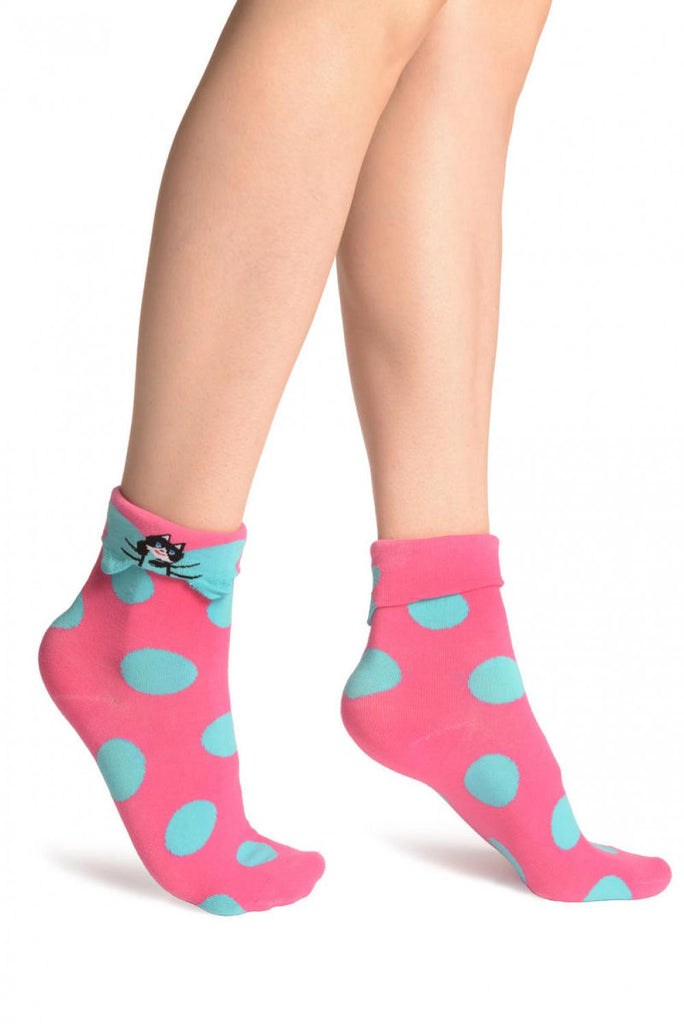 liss kiss Large Polka Dot With Flip Bow & Kitty Bright Pink Ankle High Cocks - Socks