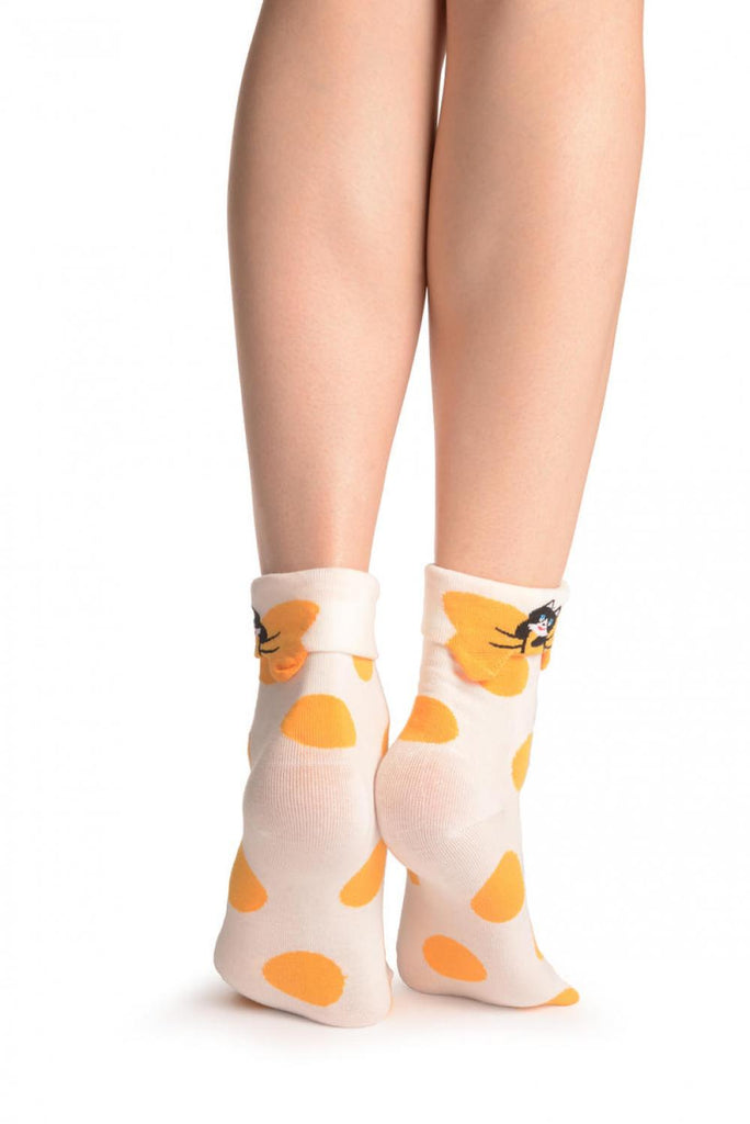 Liss Kiss Large Polka Dot With Flip Bow & Kitty Cream Ankle High Socks - Socks