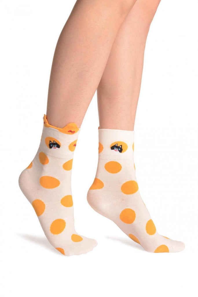 Liss Kiss Large Polka Dot With Flip Bow & Kitty Cream Ankle High Socks - Socks