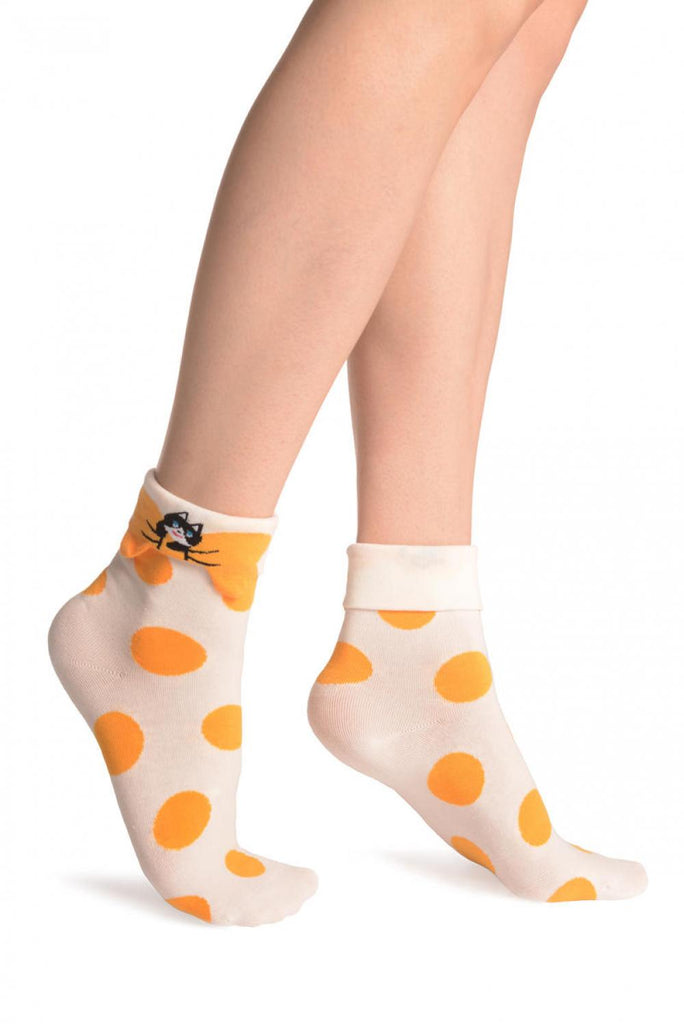 liss kiss Large Polka Dot With Flip Bow & Kitty Cream Ankle High Socks - Socks