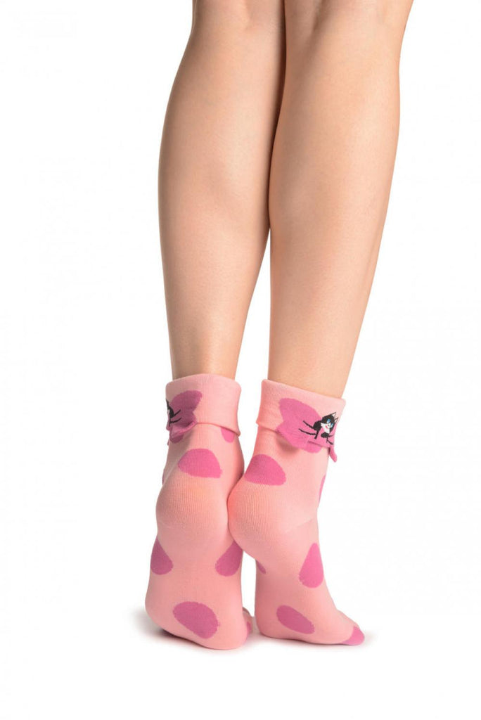 Liss Kiss Large Polka Dot With Flip Bow & Kitty Pink Ankle High Cocks - Socks