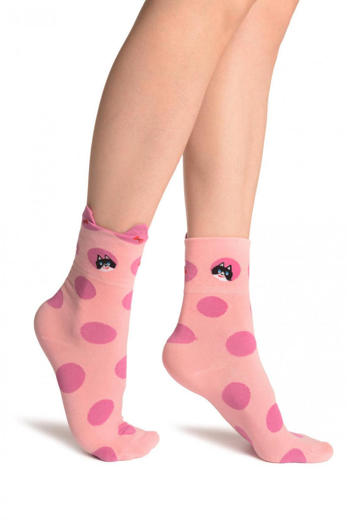 Liss Kiss Large Polka Dot With Flip Bow & Kitty Pink Ankle High Cocks - Socks