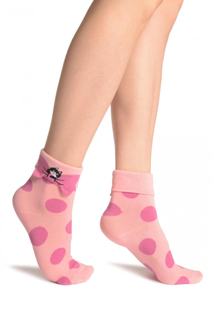 liss kiss Large Polka Dot With Flip Bow & Kitty Pink Ankle High Cocks - Socks