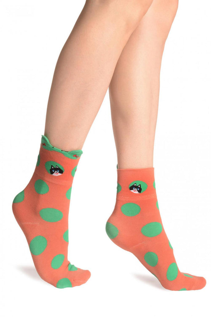 Liss Kiss Large Polka Dot With Flip Bow & Kitty Terracotta Ankle High Cocks - Socks