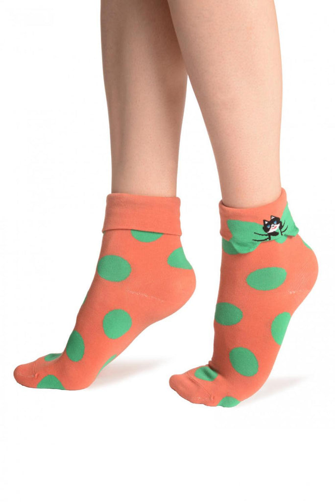 Liss Kiss Large Polka Dot With Flip Bow & Kitty Terracotta Ankle High Cocks - Socks