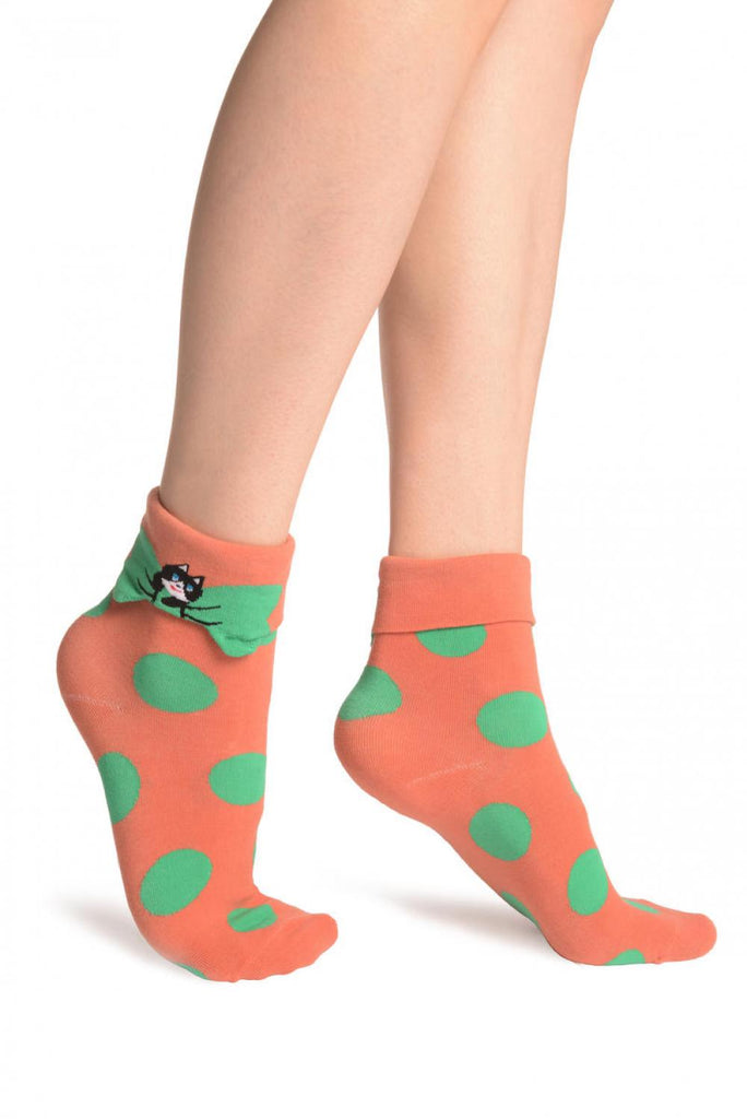 liss kiss Large Polka Dot With Flip Bow & Kitty Terracotta Ankle High Cocks - Socks
