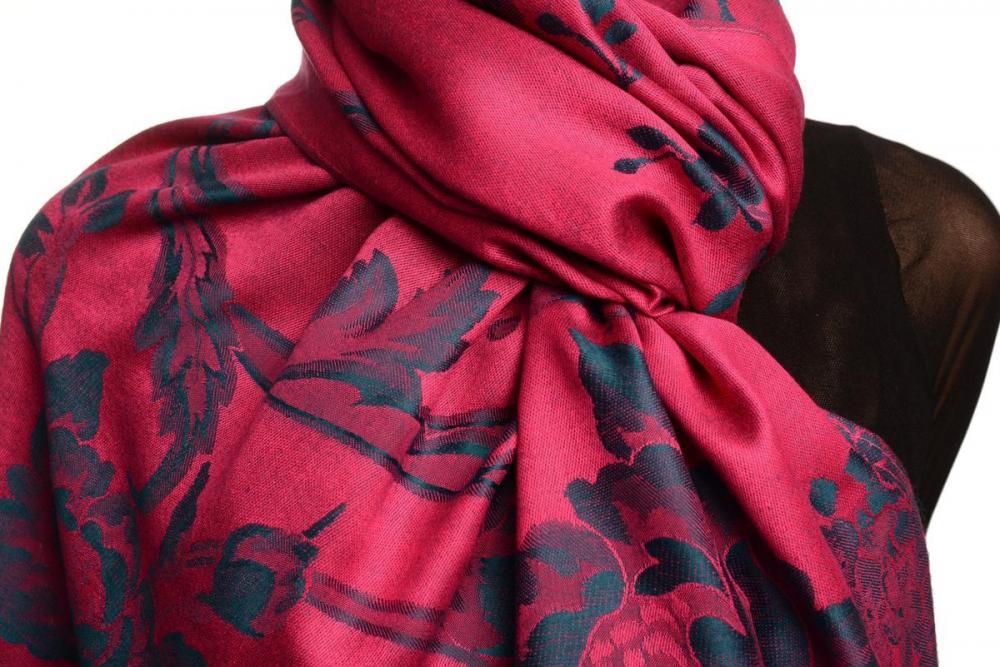 Liss Kiss Large Prussian Blue Roses Bright Pink Pashmina With Tassels - Scarf