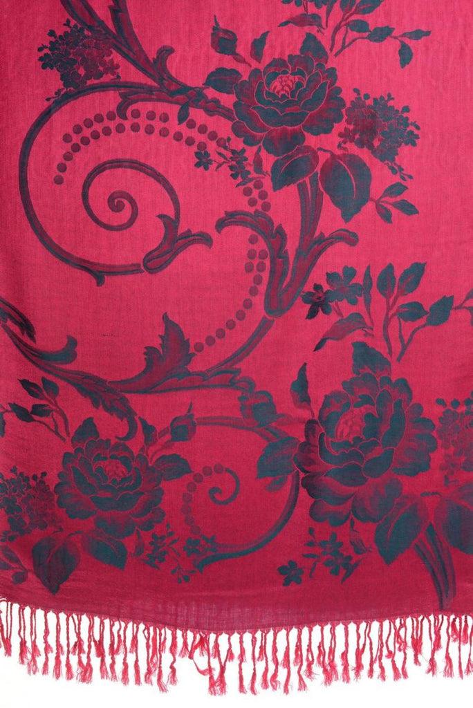 Liss Kiss Large Prussian Blue Roses Bright Pink Pashmina With Tassels - Scarf
