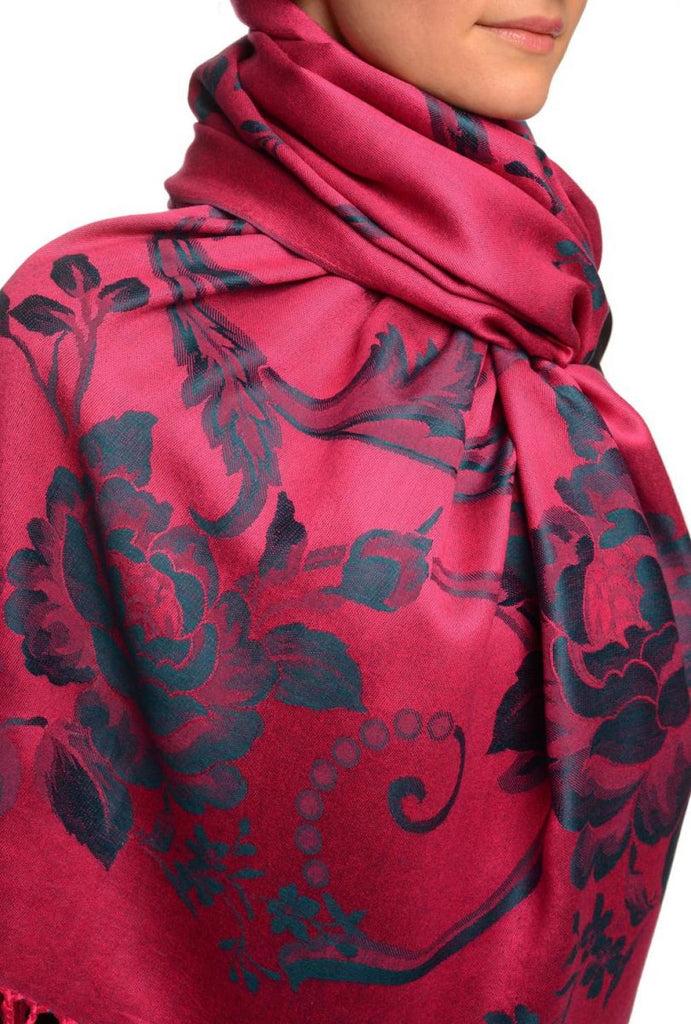 Liss Kiss Large Prussian Blue Roses Bright Pink Pashmina With Tassels - Scarf