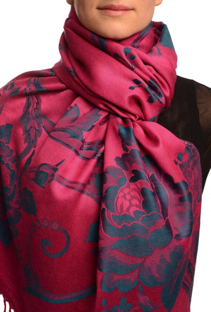 liss kiss Large Prussian Blue Roses Bright Pink Pashmina With Tassels - Scarf