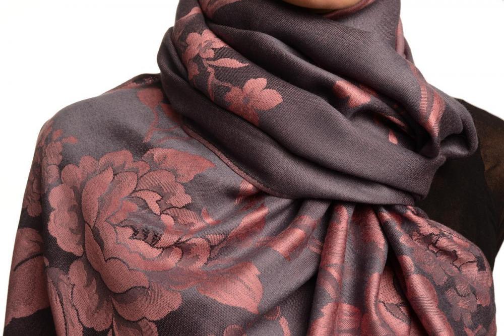 Liss Kiss Large Puce Pink Roses On Slate Grey Pashmina With Tassels - Scarf