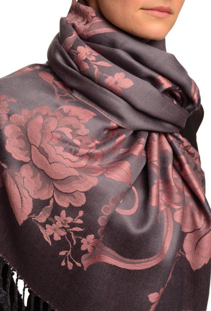 Liss Kiss Large Puce Pink Roses On Slate Grey Pashmina With Tassels - Scarf
