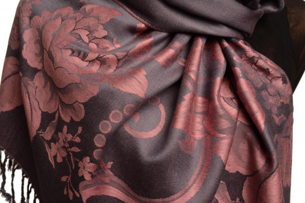 Liss Kiss Large Puce Pink Roses On Slate Grey Pashmina With Tassels - Scarf
