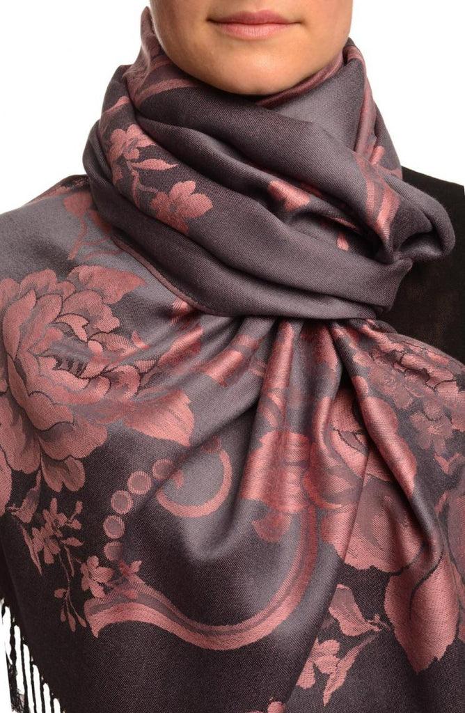 liss kiss Large Puce Pink Roses On Slate Grey Pashmina With Tassels - Scarf