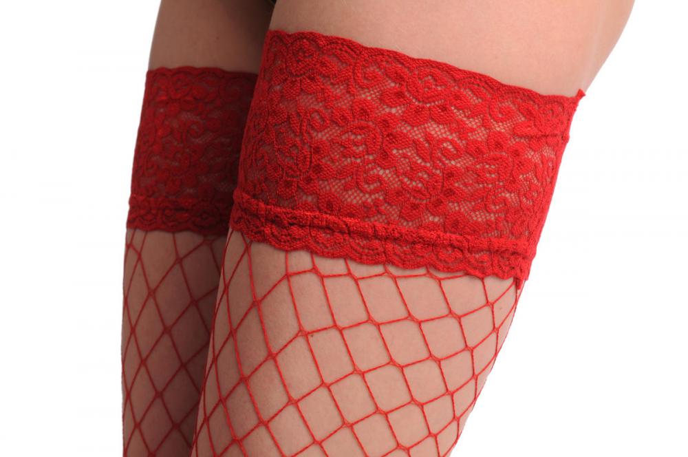Liss Kiss Large Red Mesh With Floral Silicon Garter - Hold Ups