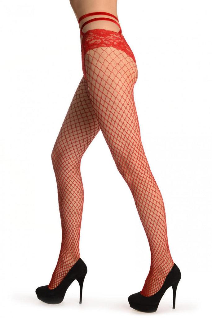 Liss Kiss Large Red Net With Lace Top & Crossing Velvet Straps - Tights