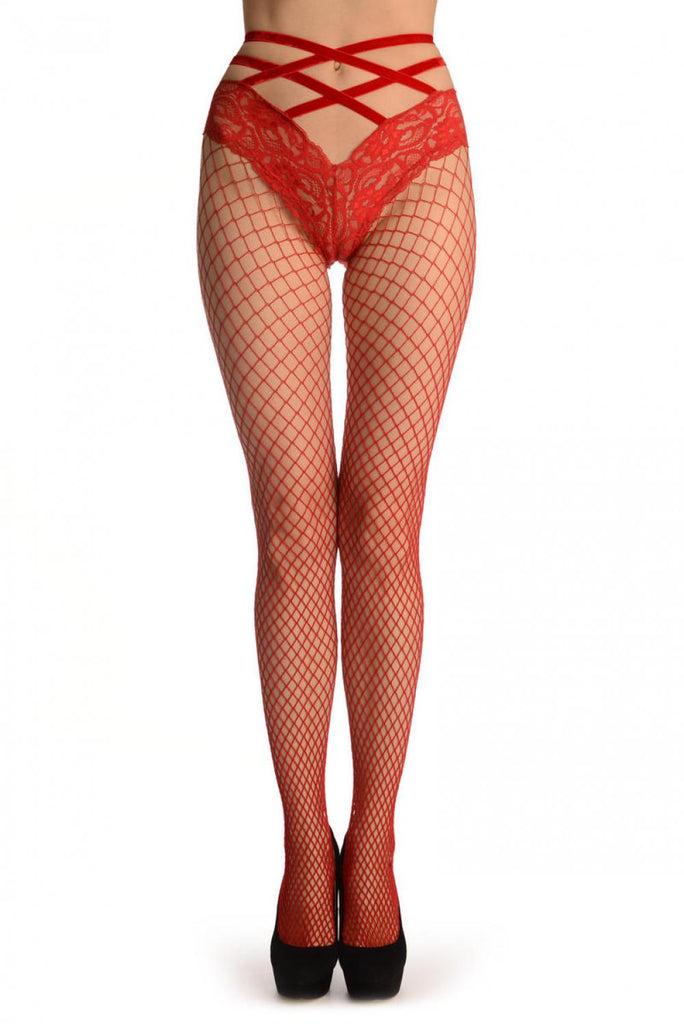 liss kiss Large Red Net With Lace Top & Crossing Velvet Straps - Tights