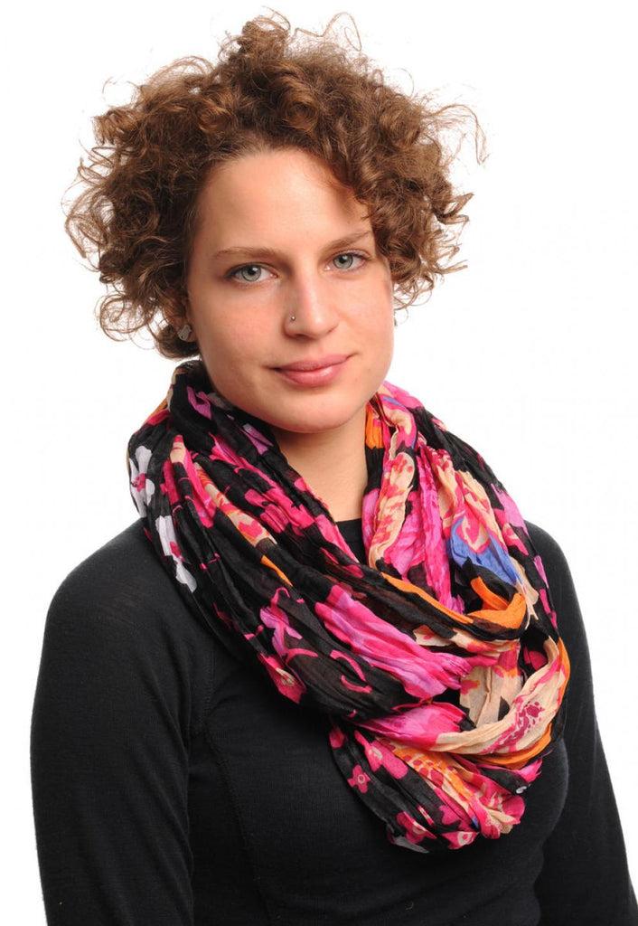 Liss Kiss Large Red Pink & Beige Flowers On Black Snood Scarf - Snood