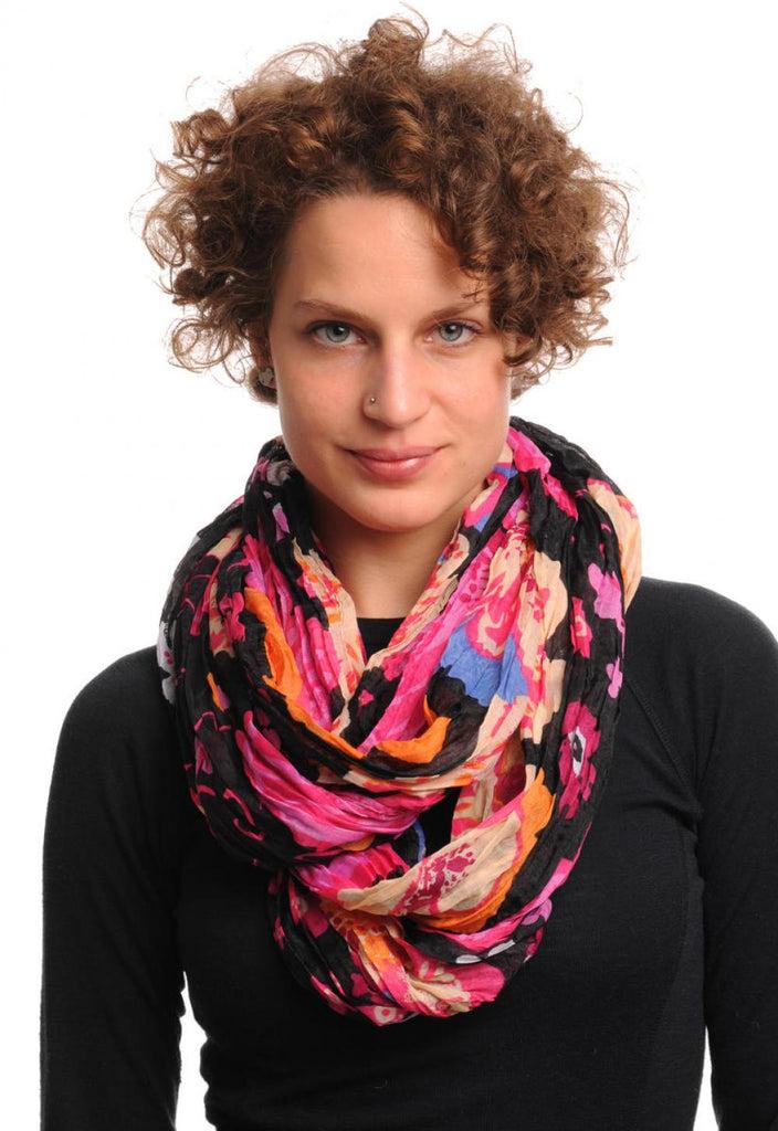 liss kiss Large Red Pink & Beige Flowers On Black Snood Scarf - Snood