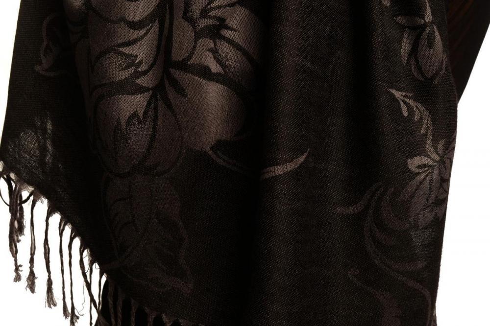 Liss Kiss Large Roses On Black Pashmina With Tassels - Scarf
