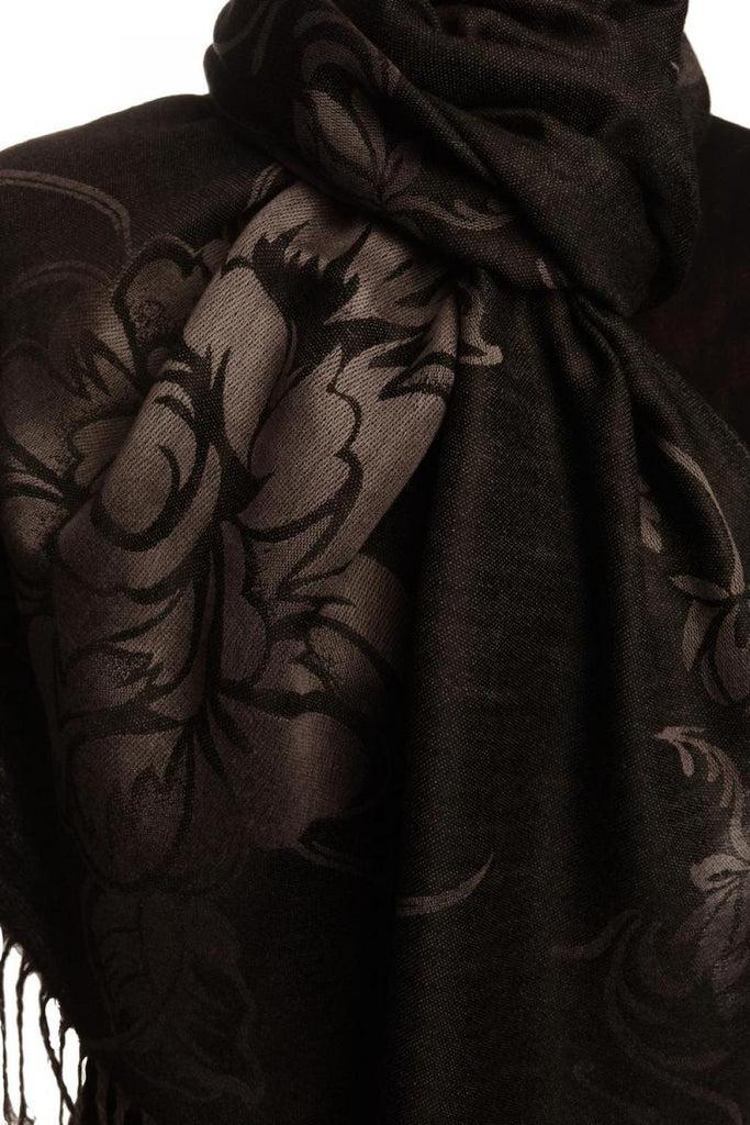 Liss Kiss Large Roses On Black Pashmina With Tassels - Scarf