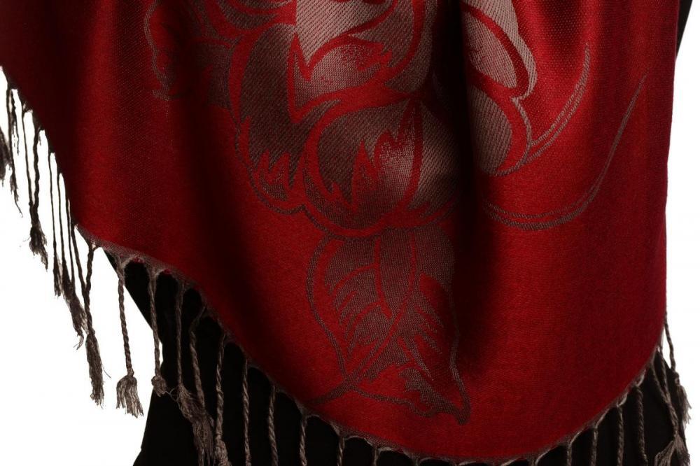 Liss Kiss Large Roses On Burgundy Red Pashmina With Tassels - Scarf