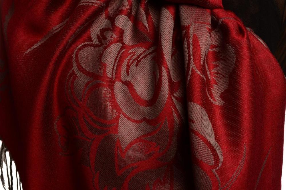 Liss Kiss Large Roses On Burgundy Red Pashmina With Tassels - Scarf