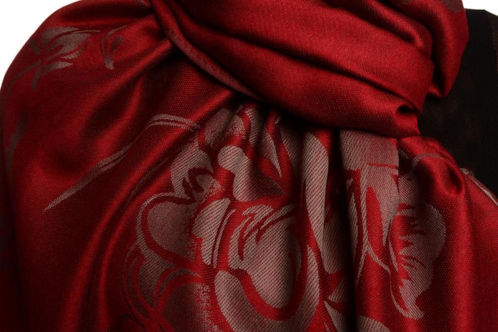 Liss Kiss Large Roses On Burgundy Red Pashmina With Tassels - Scarf