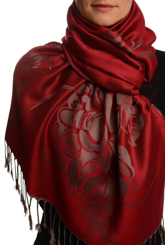 liss kiss Large Roses On Burgundy Red Pashmina With Tassels - Scarf