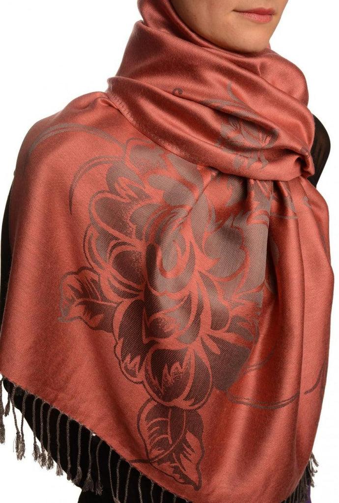 Liss Kiss Large Roses On Chestnut Pink Pashmina With Tassels - Scarf